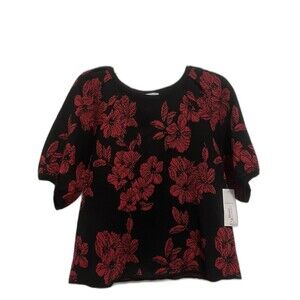 NEW Liz Claiborne Rayon Nylon Knit Red Floral Black Medium Sweater